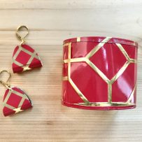 Vintage Tin Cuff Bracelet and Earrings- Red & Gold Geometric