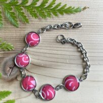 Vintage Tin Bracelet Link Style with Resin Overlay Pink Graphic