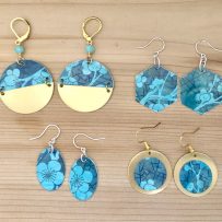 Vintage Tin Earrings Teal Cherry Blossoms with Repurposed Brass Accents