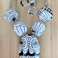 Black and White Modern Art Inspired Vintage Tin Necklace & Earrings Set