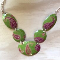 Vintage Tin Green & Pink Paisley Necklace