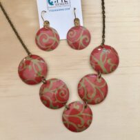 Rusty Red & Sage Green Arabesque Motif Vintage Tin Necklace and Earrings Set