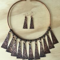 Embossed Copper Triangles Statement Collar Necklace & Earrings Set