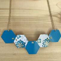 Asian Inspired Teal Blue Vintage Tin 5 Hexagon Statement Necklace