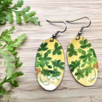 Vintage Tin Cheerful Green Leaves Clover on Yellow Earrings