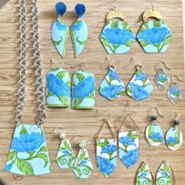 Cerulean Blue Poppies Vintage Tin Earrings and Necklace Set