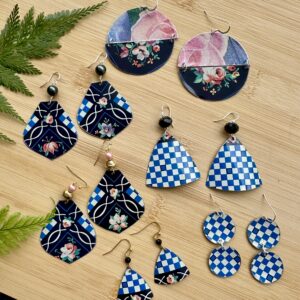 Vintage Tin Earrings - Lovely Day Floral with Blue Checks