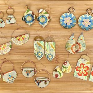 Vintage Tin Earrings - Bold Blossoms On White
