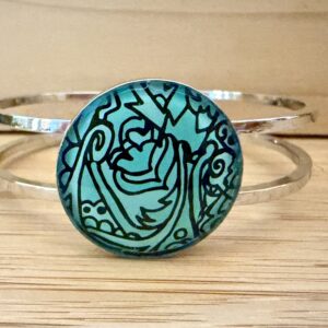 Vintage Tin Silver Hinged Cuff Under Resin- Seafoam Green Graphic