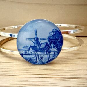 Vintage Tin Silver Hinged Cuff Under Resin- Blue Delft Windmill