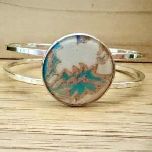 Vintage Tin Silver Hinged Cuff Under Resin- Rustic Orange and Aqua Leaf