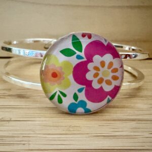 Vintage Tin Silver Hinged Cuff Under Resin- Happy Flowers