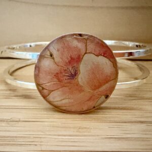 Vintage Tin Silver Hinged Cuff Under Resin- Coral Cosmos Flower