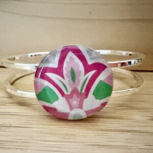 Vintage Tin Silver Hinged Cuff Under Resin- Lily Inspired Pink & Green Graphic