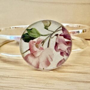 Vintage Tin Silver Hinged Cuff Under Resin- Sweet Pea Flowers
