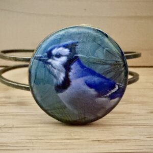 Vintage Tin Antique Brass Hinged Cuff Under Resin- Blue Jay