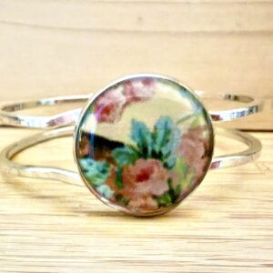 Vintage Tin Silver Hinged Cuff Under Resin- Old Chintz Roses