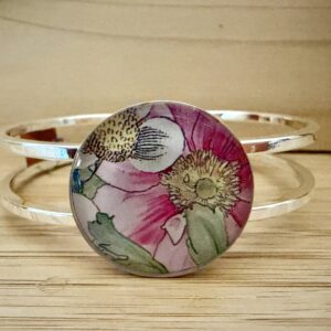 Vintage Tin Silver Hinged Cuff Under Resin- Pink Apple Blossoms