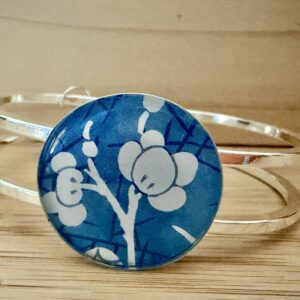 Vintage Tin Silver Hinged Cuff Under Resin- Blue & White Cherry Blossoms