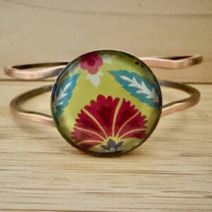 Vintage Tin Antique Copper Hinged Cuff Under Resin- Graphic Floral