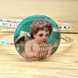 Vintage Tin Silver Hinged Cuff Under Resin- Angel with Flute