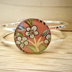 Vintage Tin Silver Hinged Cuff Under Resin- Daisies on Coral
