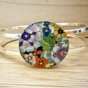 Vintage Tin Silver Hinged Cuff Under Resin- Flower Power