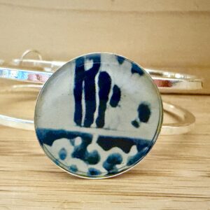 Vintage Tin Silver Hinged Cuff Under Resin- Chinoiserie Blues