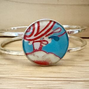 Vintage Tin Silver Hinged Cuff Under Resin-Red White & Teal Graphic