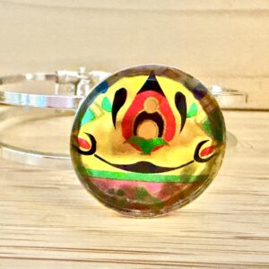 Vintage Tin Silver Hinged Cuff Under Resin- Yellow Art Deco Graphic