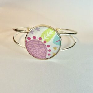 Vintage Tin Cuff Bracelet Under Resin -Stylized Floral Pastels