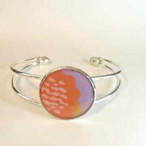 Vintage Tin Cuff Bracelet Under Resin -Stylized Floral Lilac & Orange