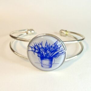 Vintage Tin Cuff Bracelet Under Resin - Dutch Tulips in Blue
