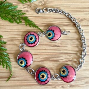 Vintage Tin Bracelet Under Resin Link Style - Red Mandala