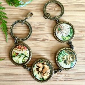 Vintage Tin Bracelet- Under Resin Link Style In Antique Brass Peachy Floral