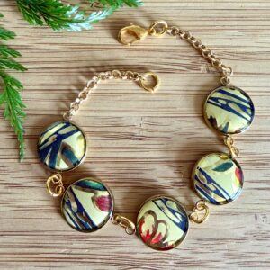 Vintage Tin Bracelet Under Resin Link Style -Orange & Green Graphic Floral
