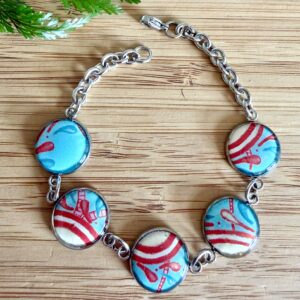 Vintage Tin Bracelet Under Resin Link Style - Red White & Teal