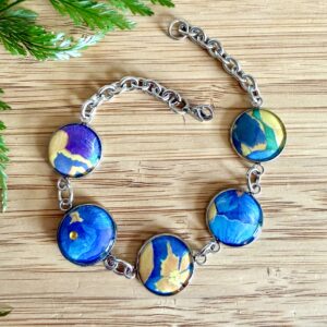 Vintage Tin Bracelet Under Resin Link Style - Pansies