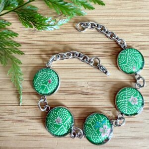 Vintage Tin Bracelet Under Resin Link Style - Pink Sakura on Green